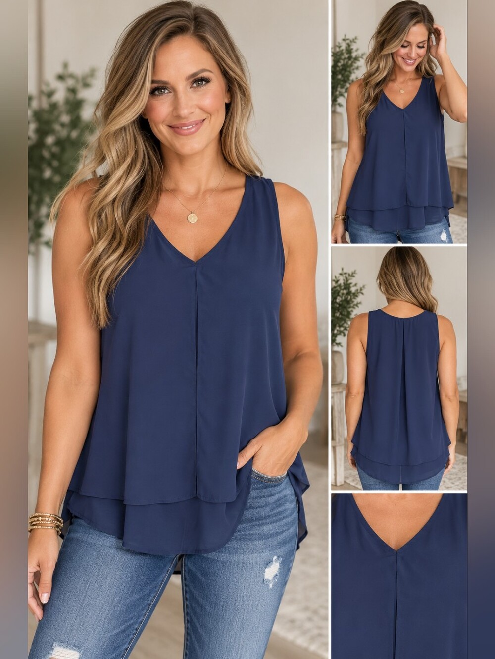 Elodie Women’s XL Navy Blue Sleeveless V-Neck Layered Chiffon Blouse Tank Top